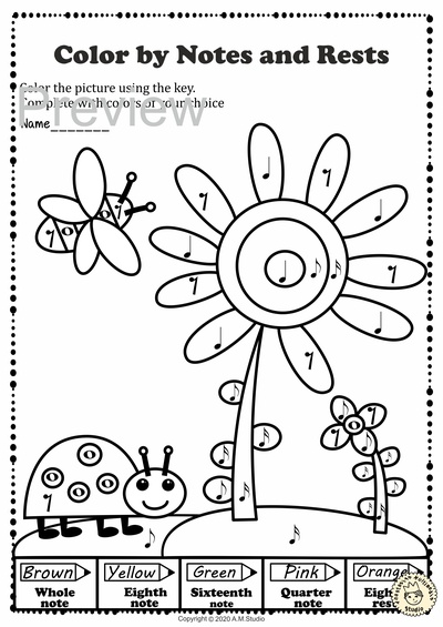 Musical coloring pages for spring color by notes and rests with ansâ