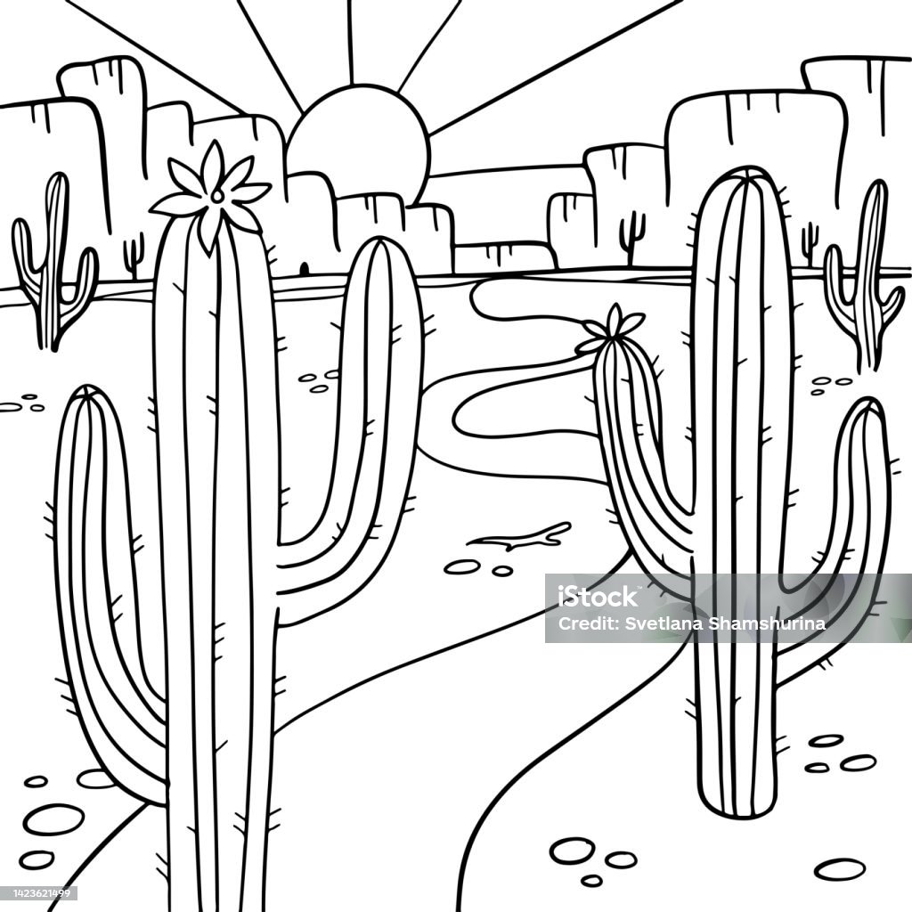 Coloring page with blooming cactus in the arizona desert coloring book antistress for children and adults zentangle style black and white drawing hand drawn vector linear illustration stock illustration