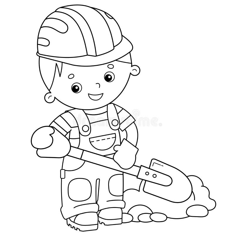 Coloring page outline of cartoon builder with shovel profession stock vector