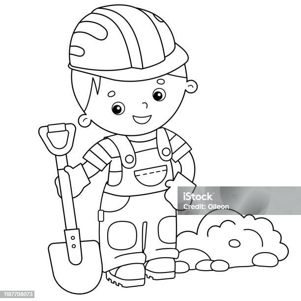 Coloring page outline of cartoon builder with shovel profession coloring book for kids stock illustration