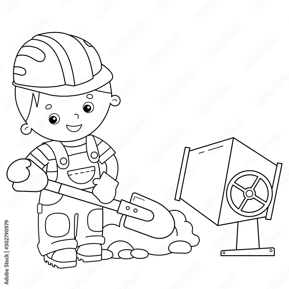 Coloring page outline of cartoon builder with shovel and concrete mixer profession coloring book for kids vector