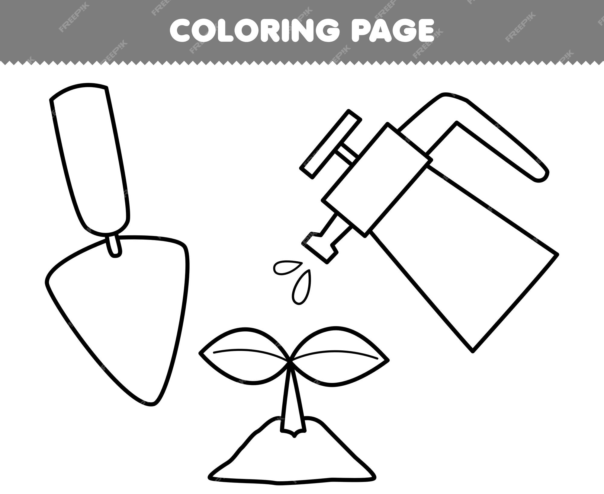 Premium vector education game for children coloring page of cute cartoon shovel and plant sprayer line art printable tool worksheet