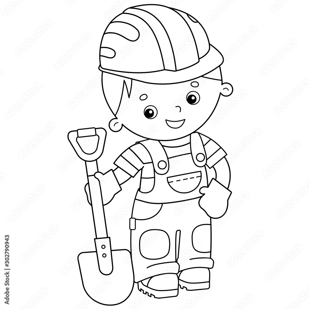 Coloring page outline of cartoon builder with shovel profession coloring book for kids vector