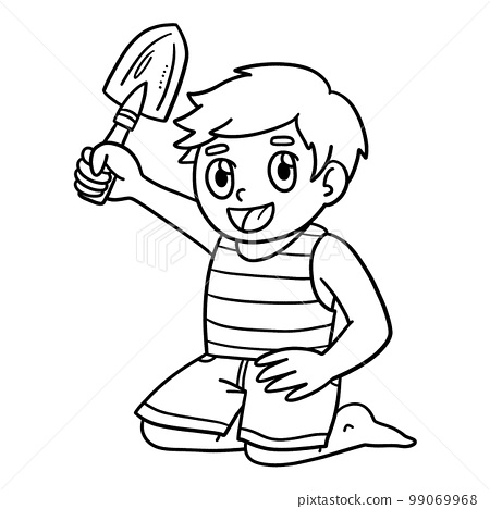 Child holding shovel isolated coloring page