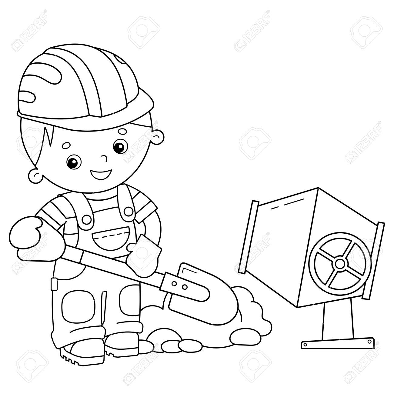 Coloring page outline of cartoon builder with shovel and concrete mixer profession coloring book for kids royalty free svg cliparts vectors and stock illustration image