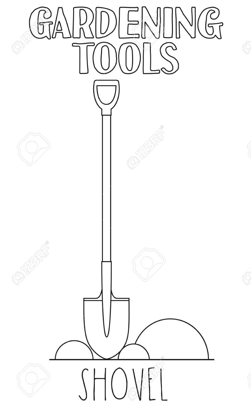 Line art black and white shovel coloring book page for adults and kids garden tool vector illustration for gift card certificate sticker badge sign stamp logo label icon poster banner royalty free