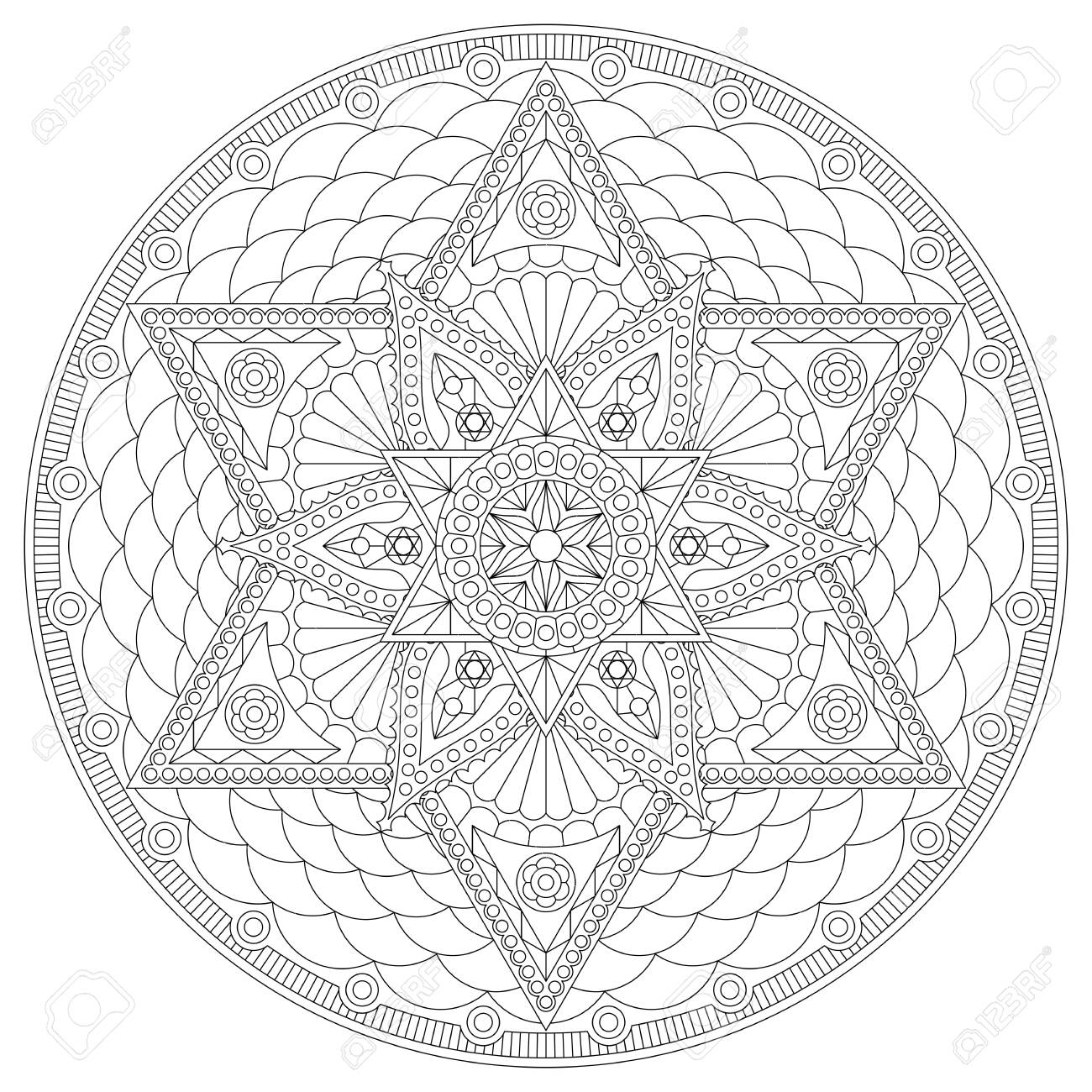 Coloring page with round mandala with six