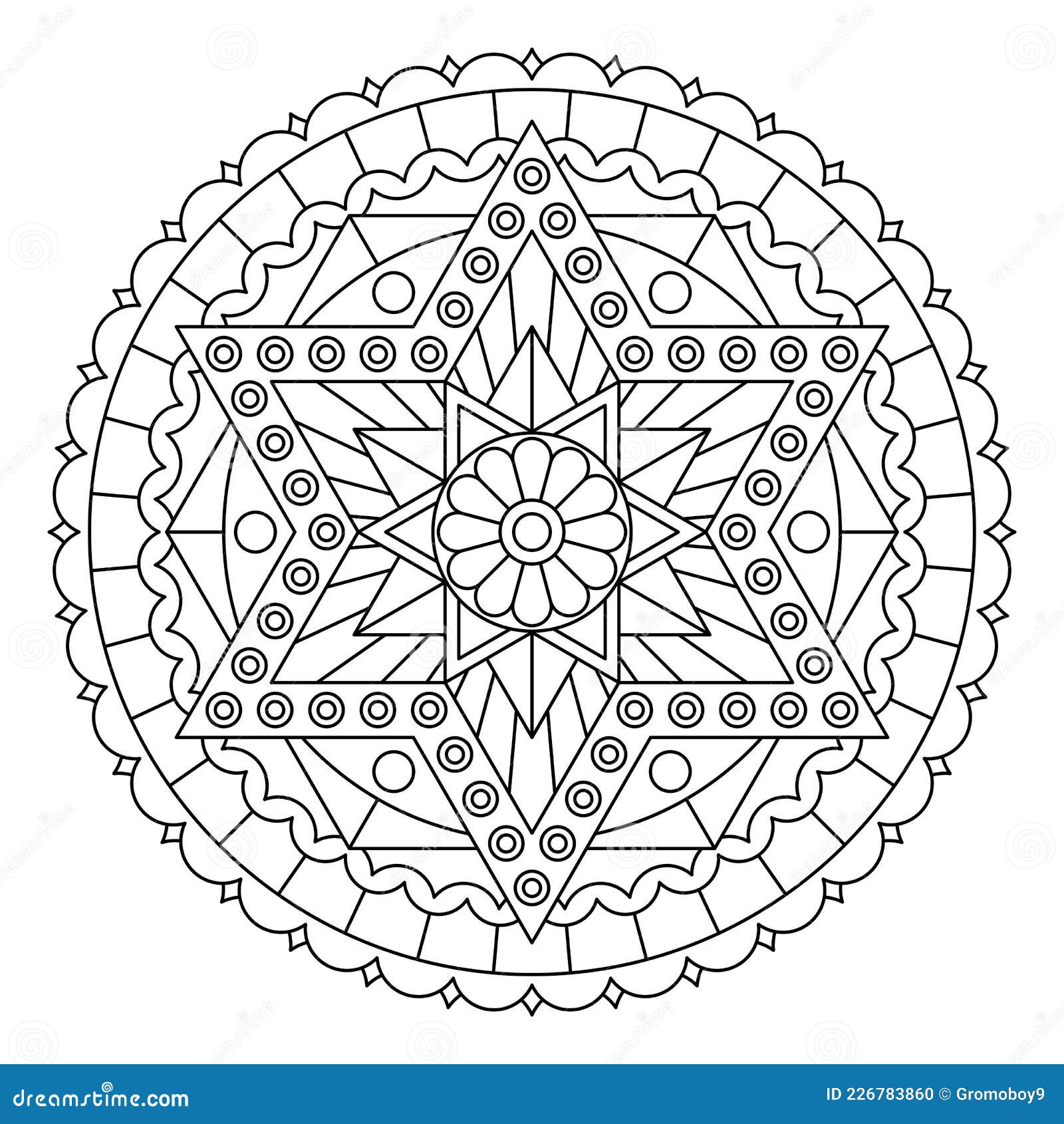 Coloring page with round mandala with abstract pattern and six