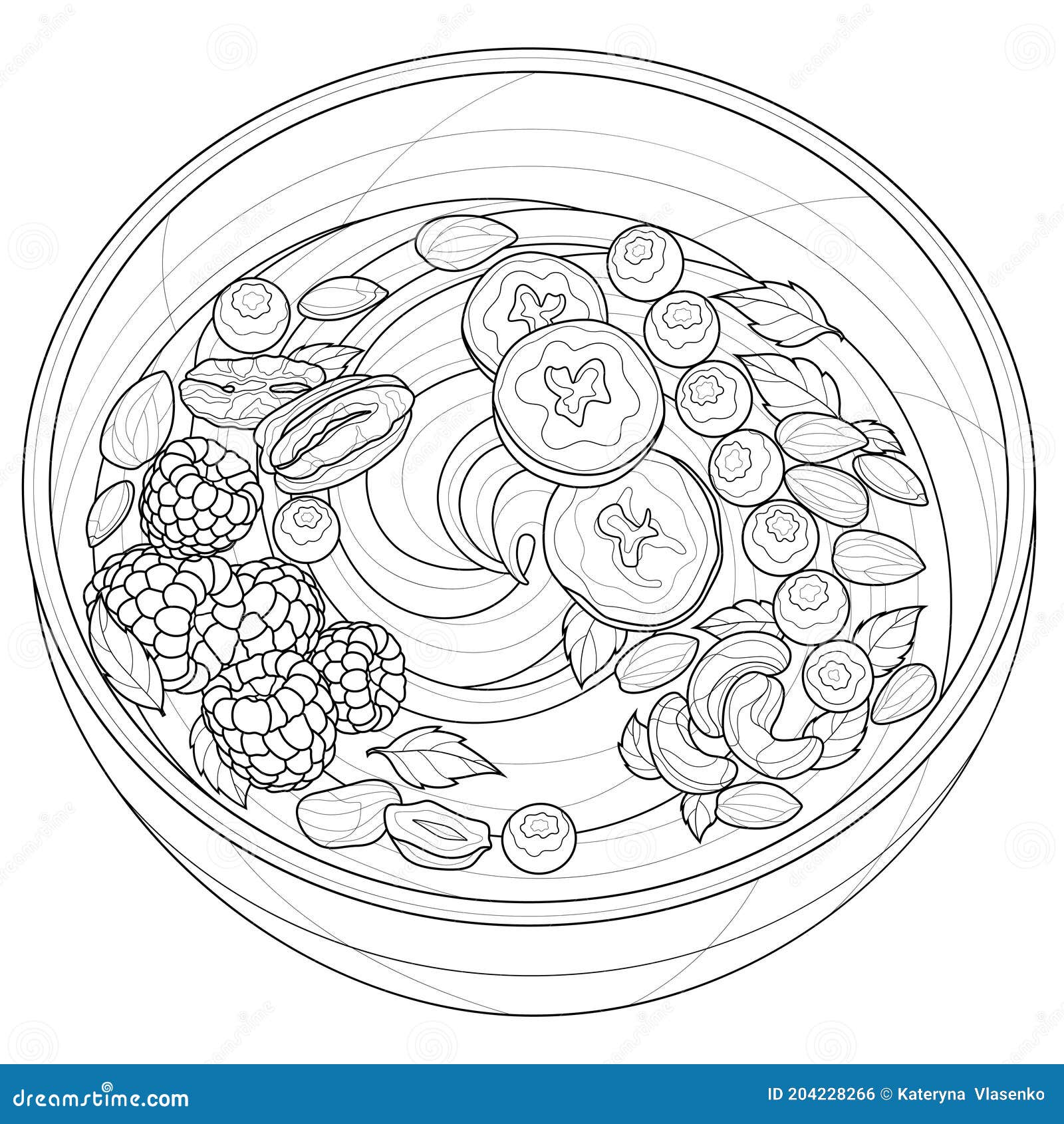 Smoothie bowl with berries and nuts foodcoloring book antistress for children and adults stock vector