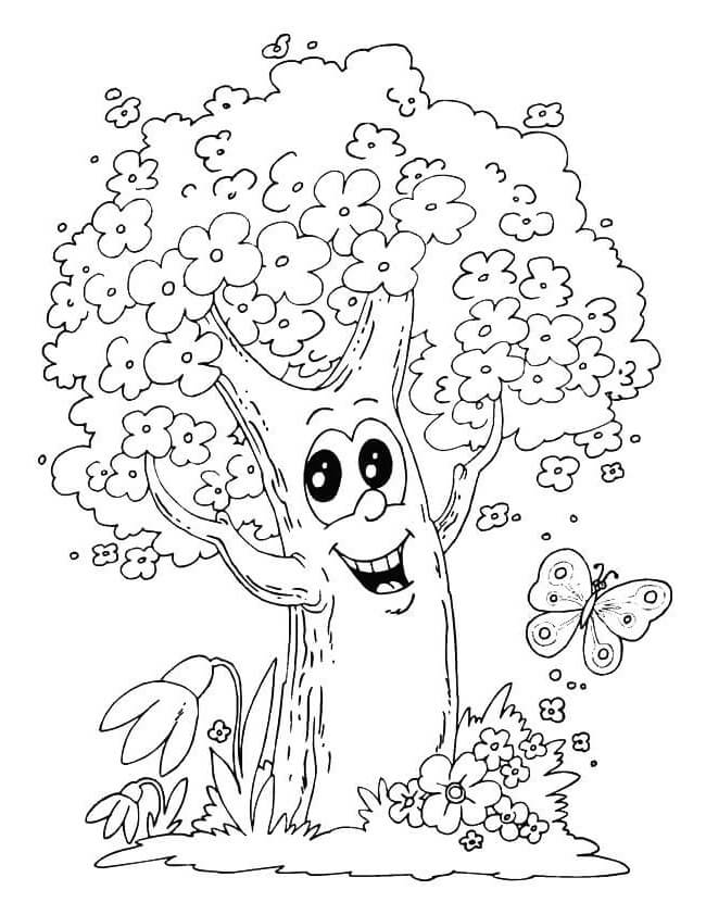Lucky tree and butterfly coloring page