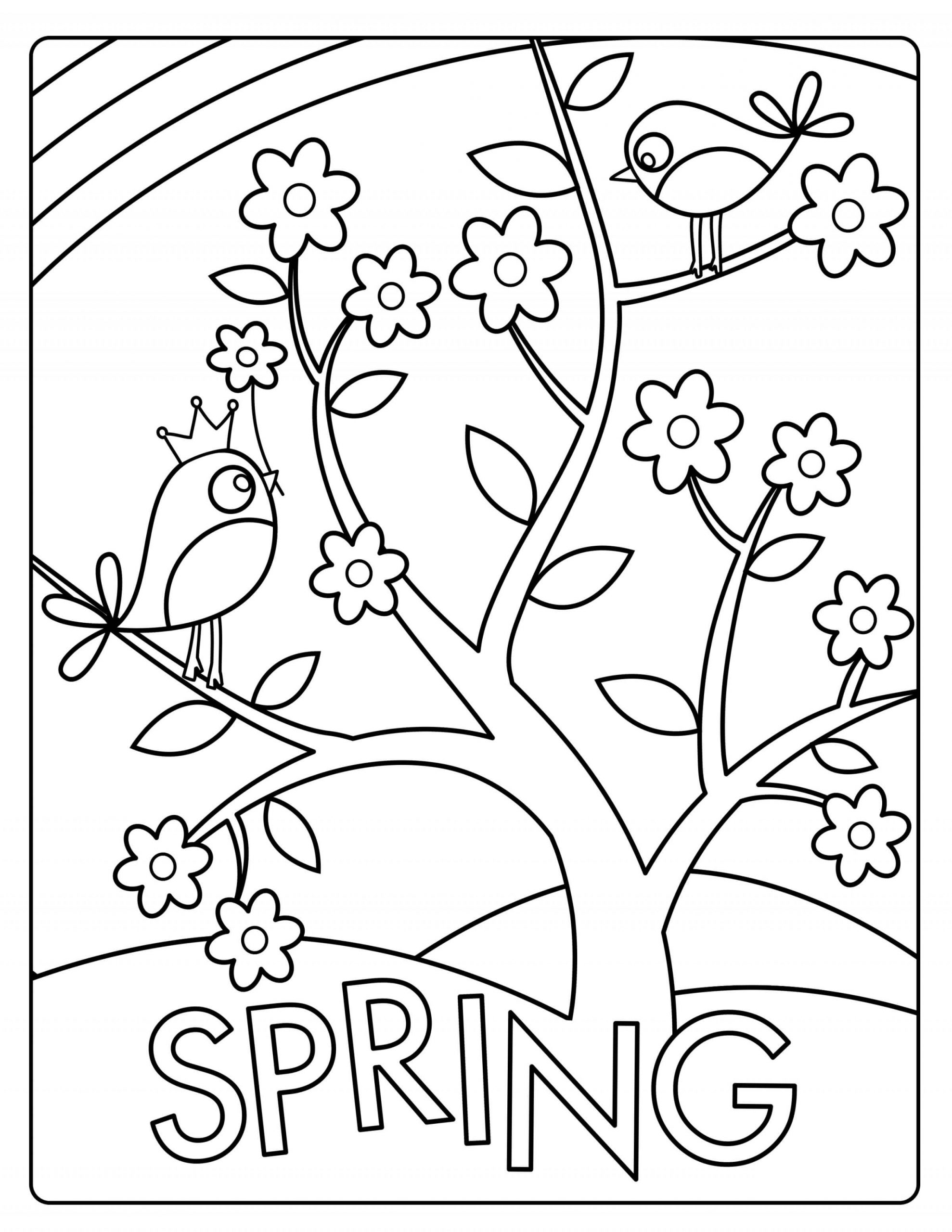 Bird on the tree in spring coloring page
