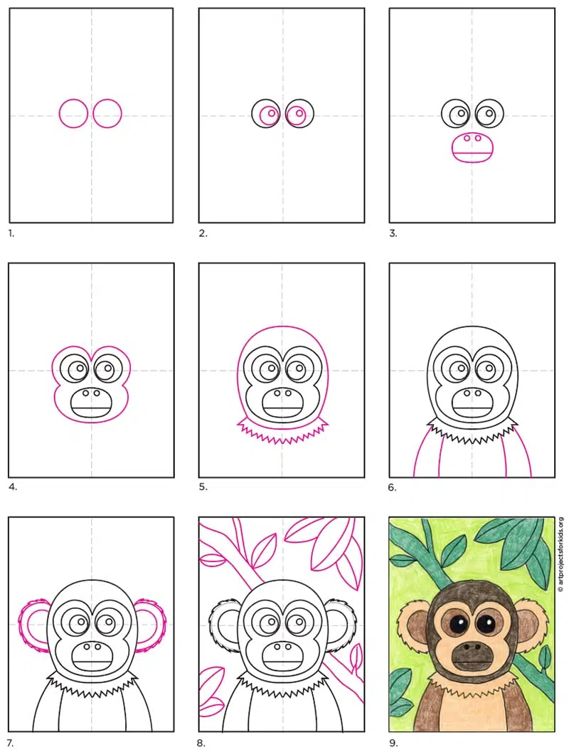 Easy how to draw a squirrel monkey tutorial and monkey coloring page