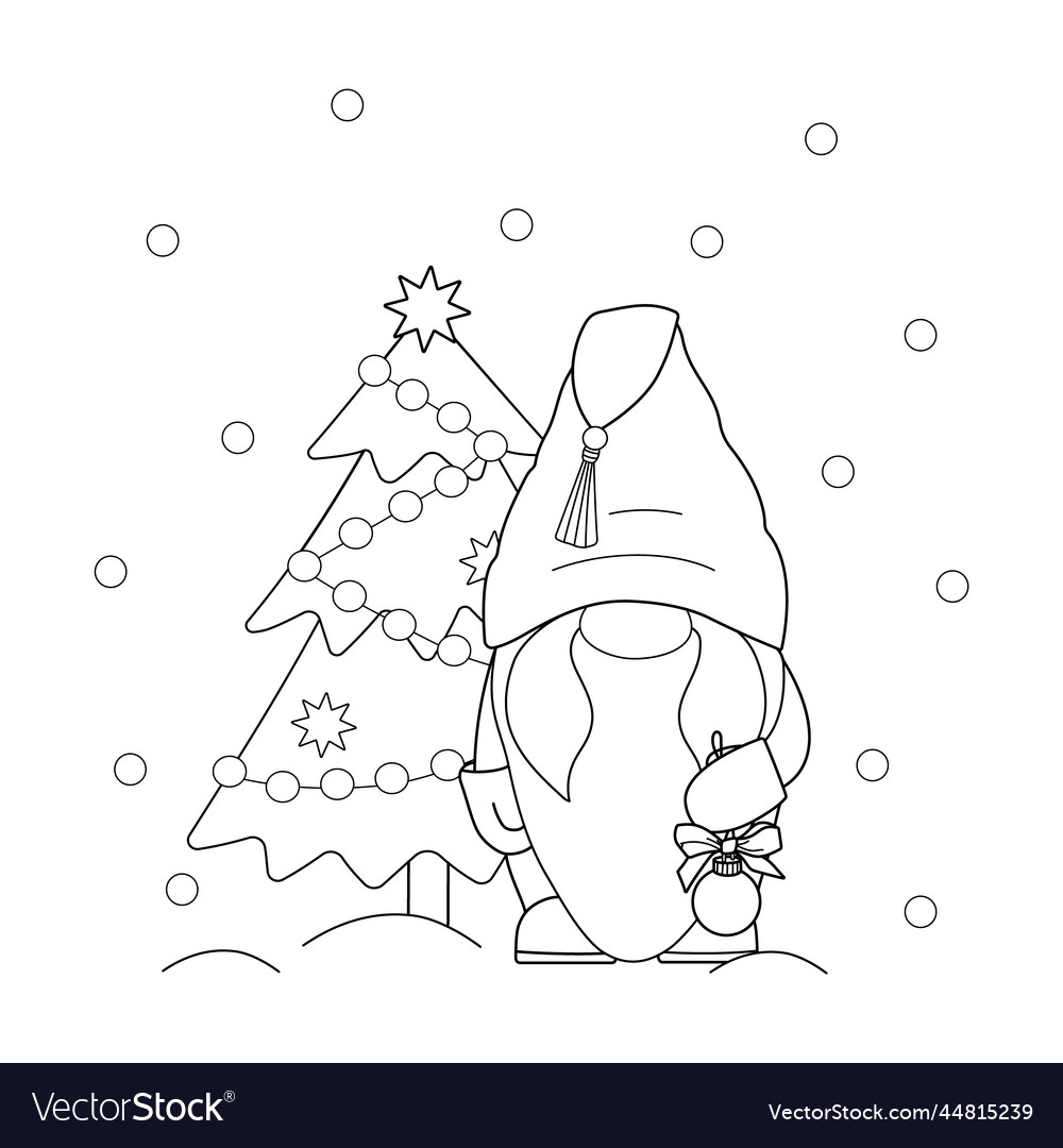 Winter coloring page with gnome and christmas tree