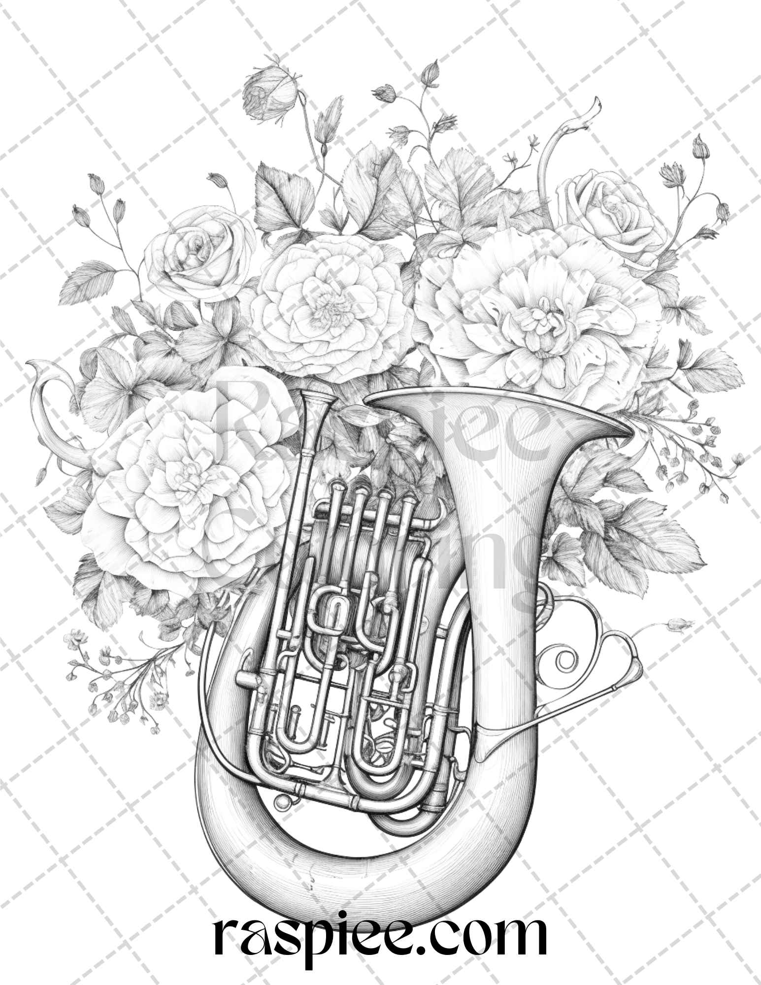 Musical instrument flower grayscale coloring pages printable for ad â coloring