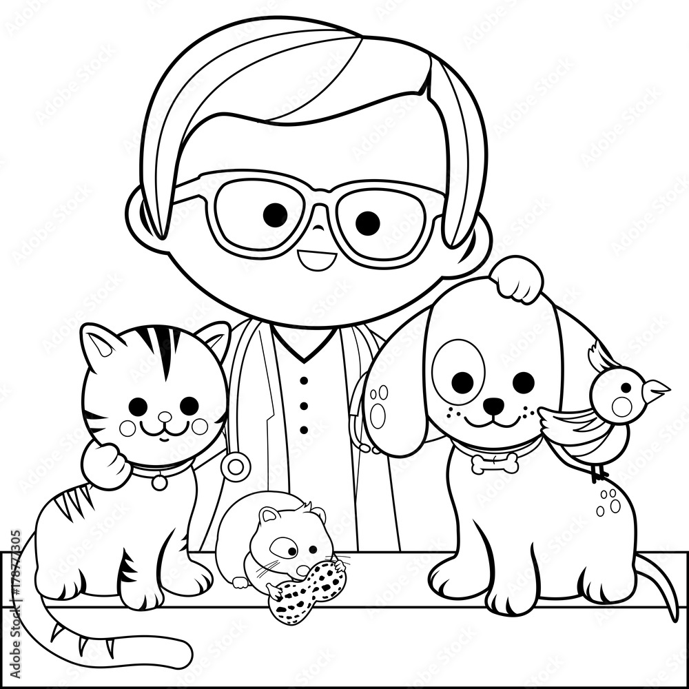 Veterinarian and pets vector black and white coloring page vector