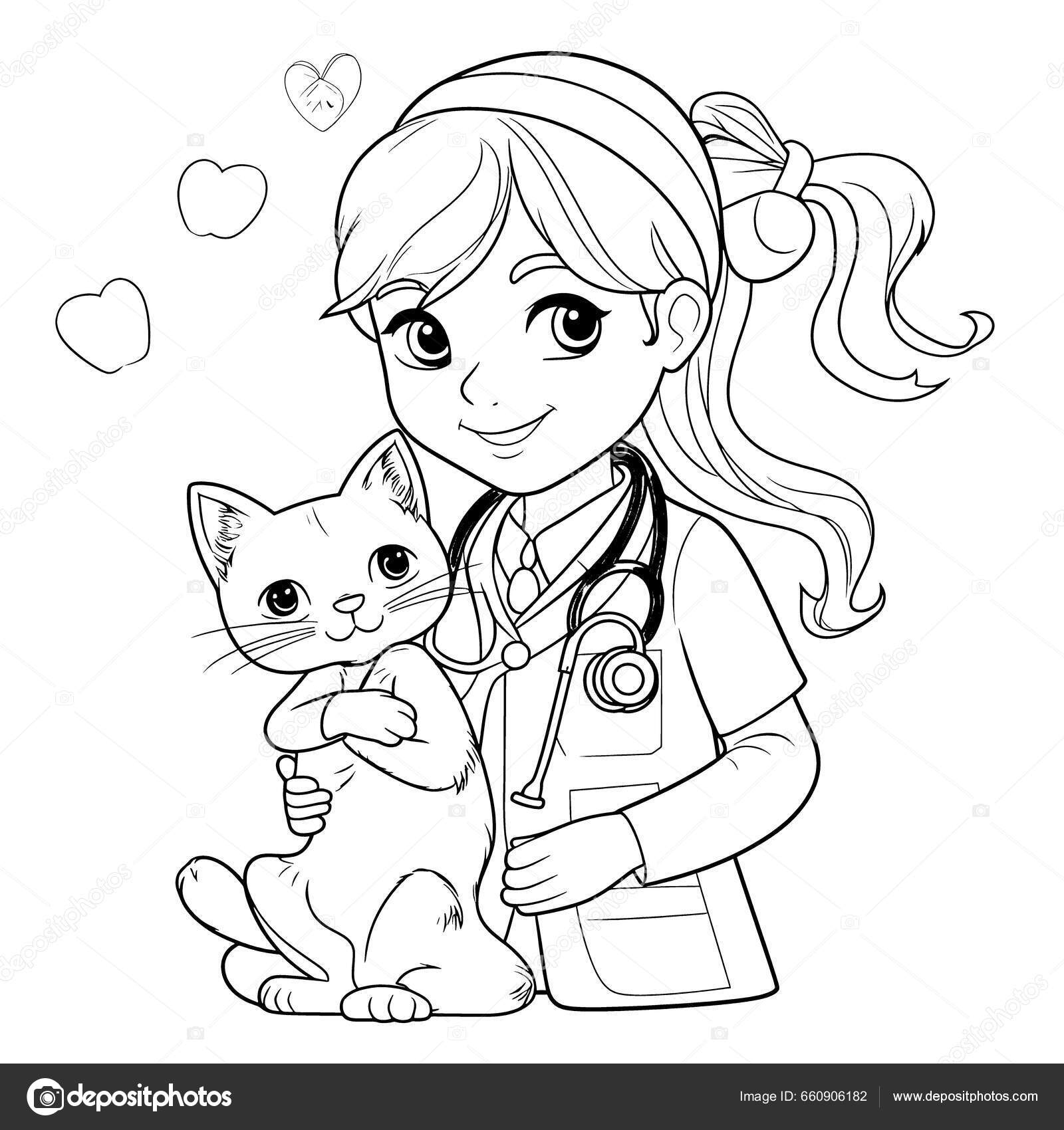 Veterinarian black white coloring pages kids simple lines cartoon style stock photo by george