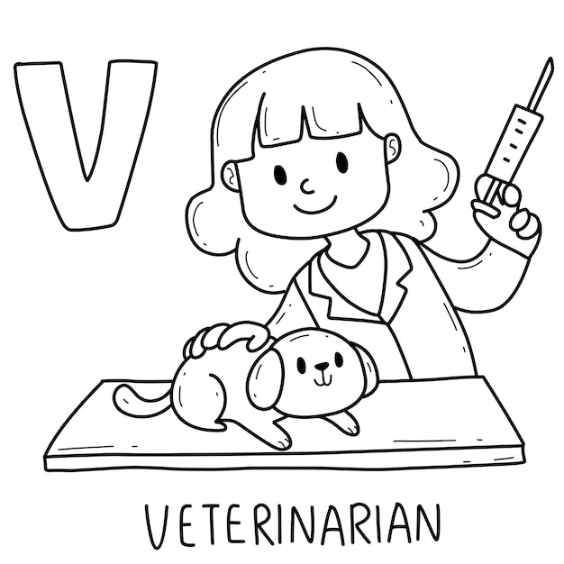 Premium vector alphabet occupation veterinarian coloring book with word
