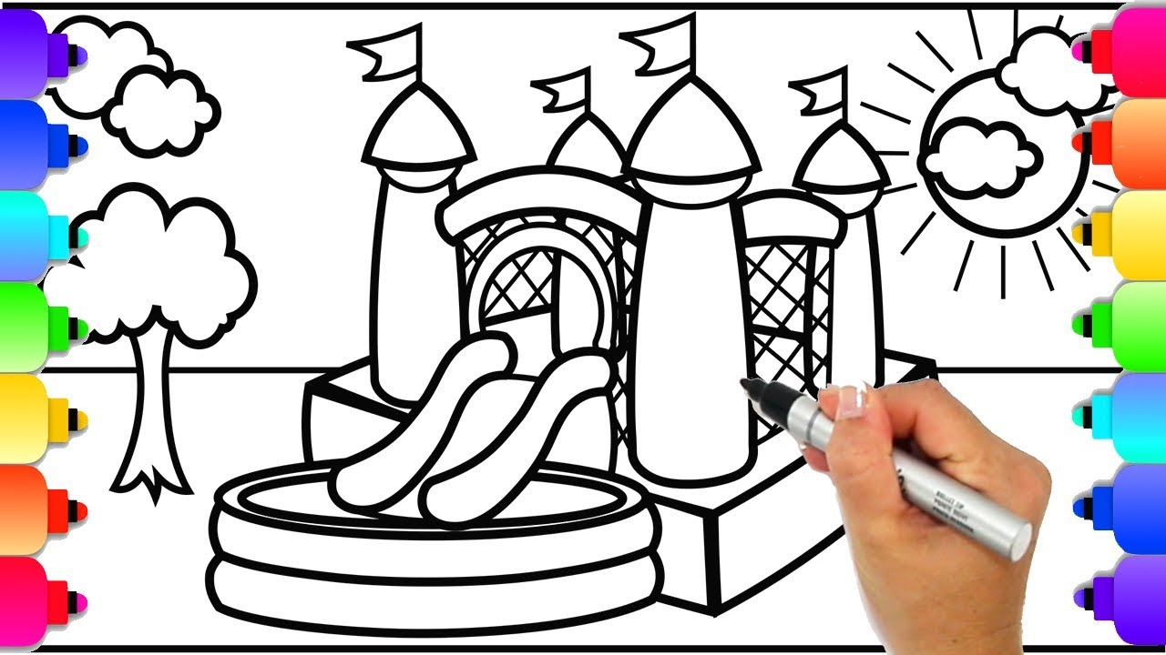 Learn to draw a bouncy house for kids bounce house with water slide coloring page playground