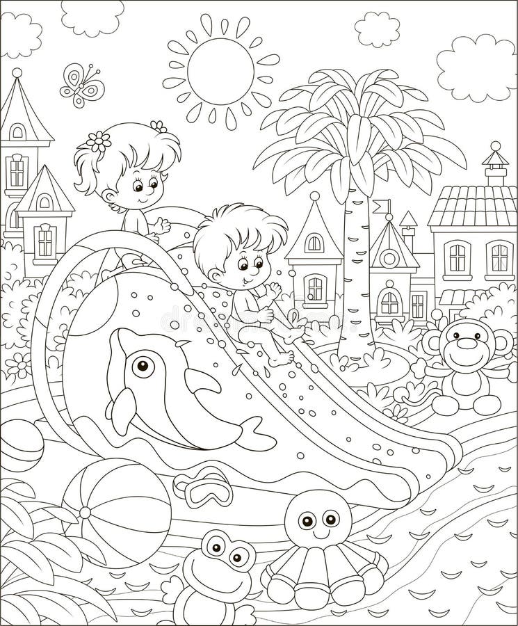 Small children on a waterslide in an aquapark stock vector