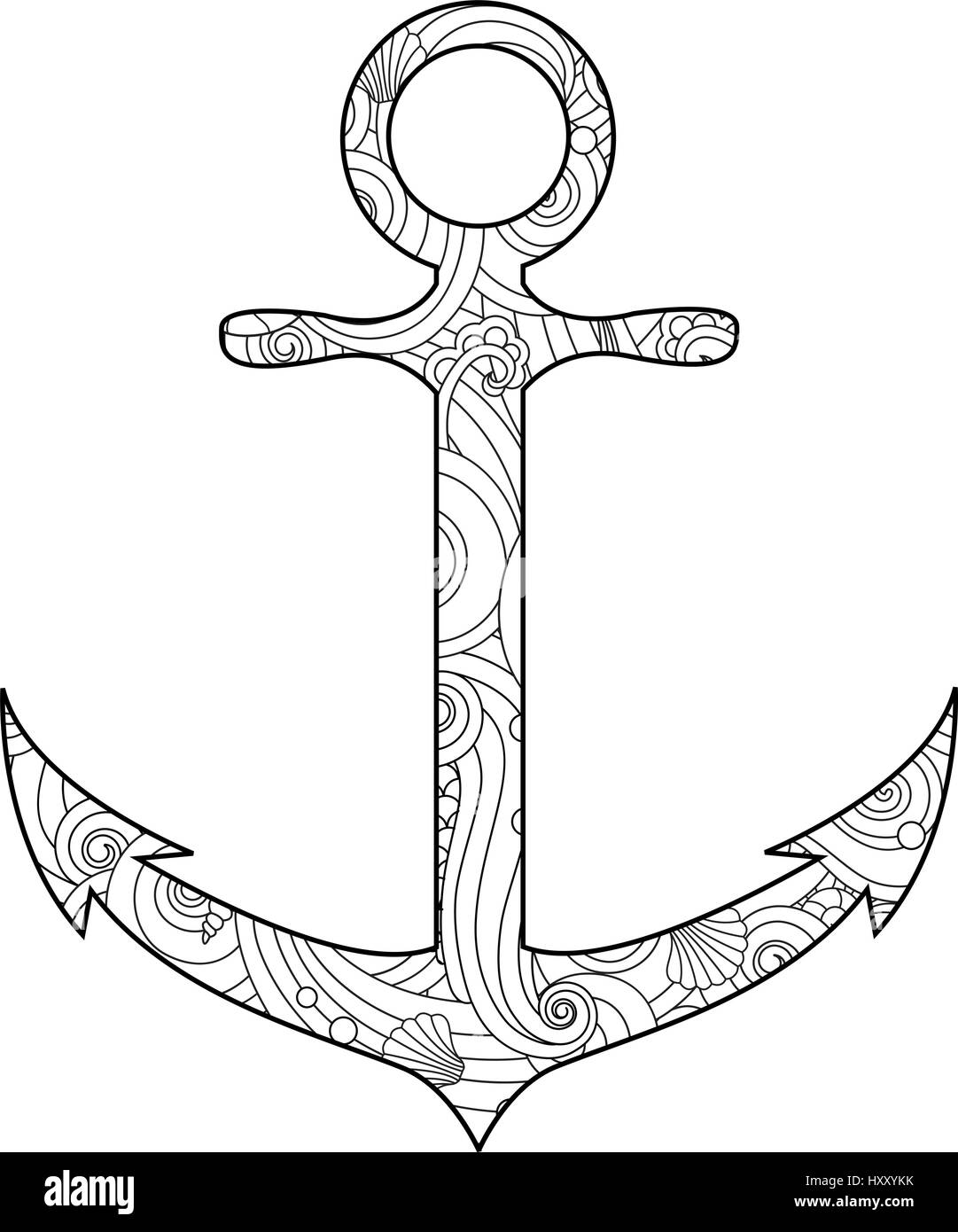 Coloring page with anchor isolated on white background in zentangle inspired doodle style stock vector image art