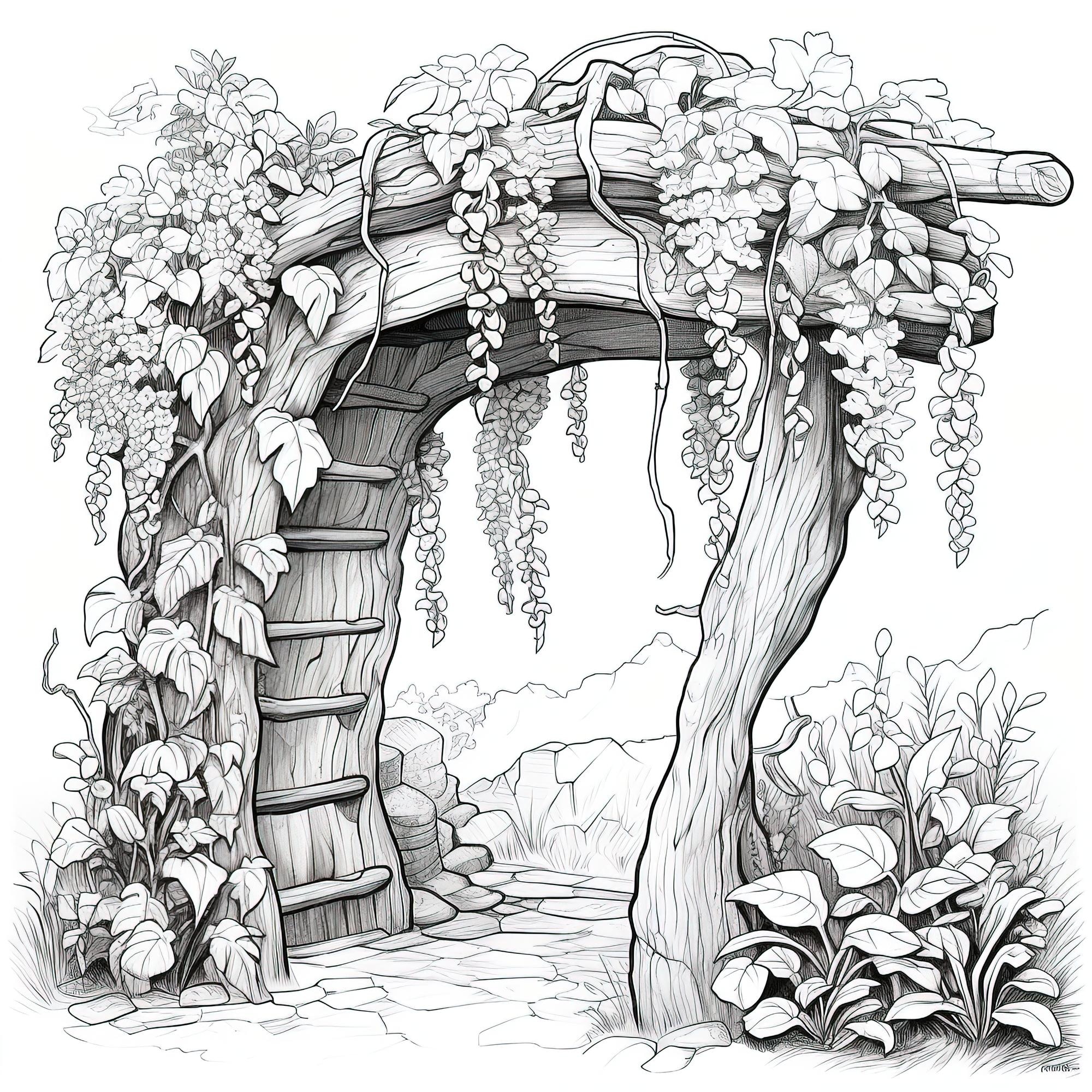 Premium vector wooden arch covered with wisteria coloring book