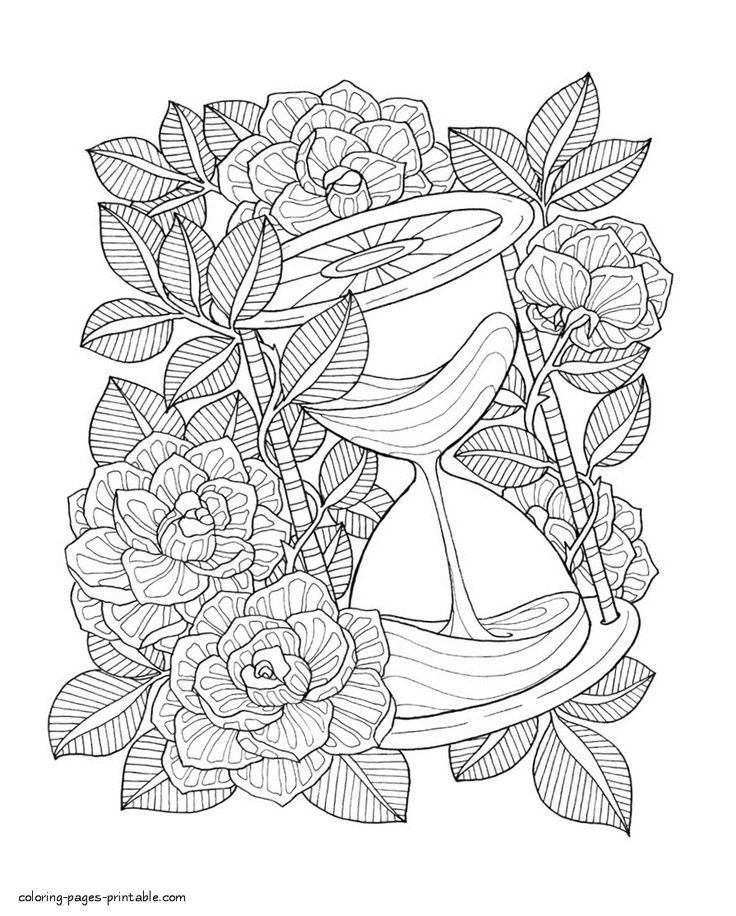 Roses and hourglass coloring page coloring pages free adult coloring pages steampunk coloring