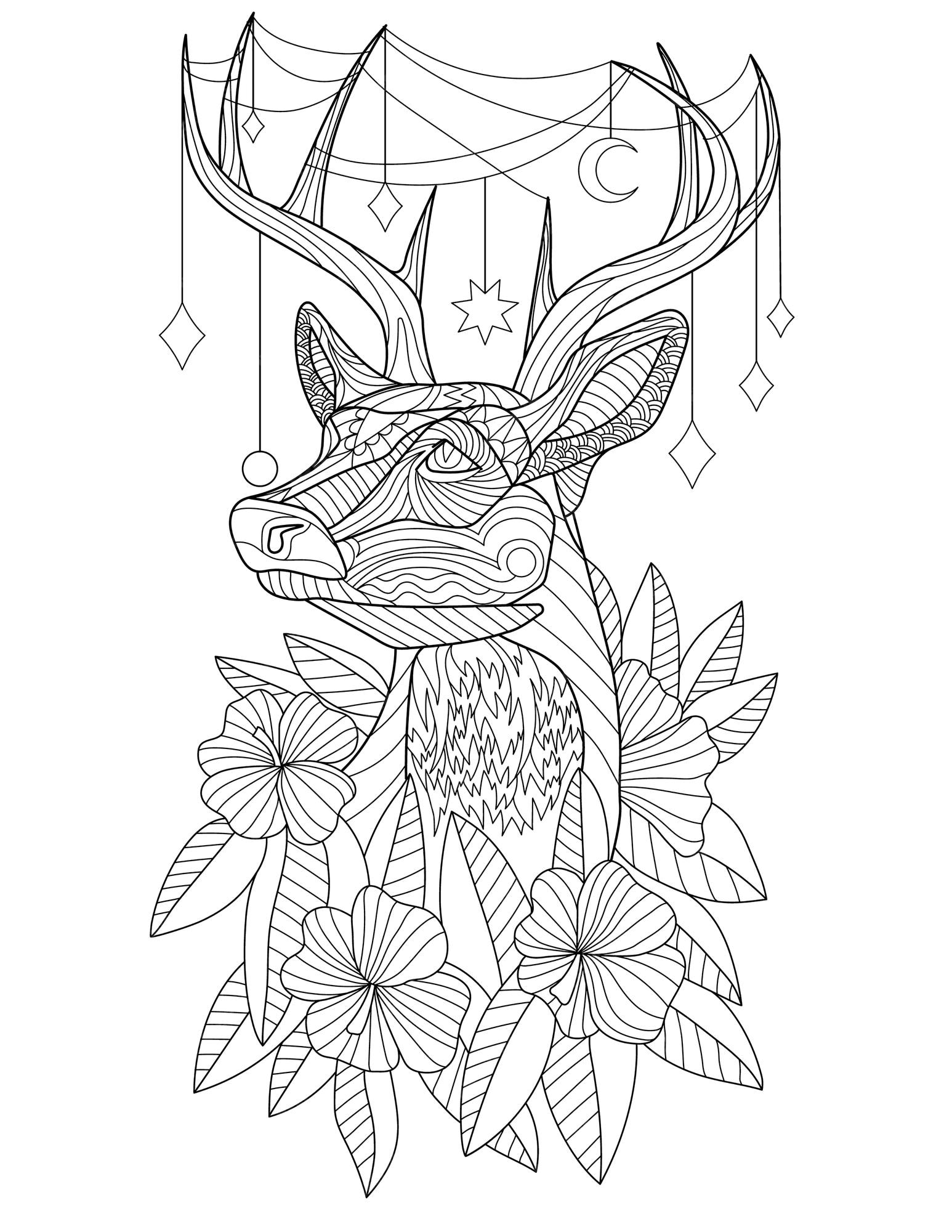 Premium vector coloring page with detailed deer with different decorations on horns and flowers around sheet to be colored with elk with decors hanging on antlers and plants around