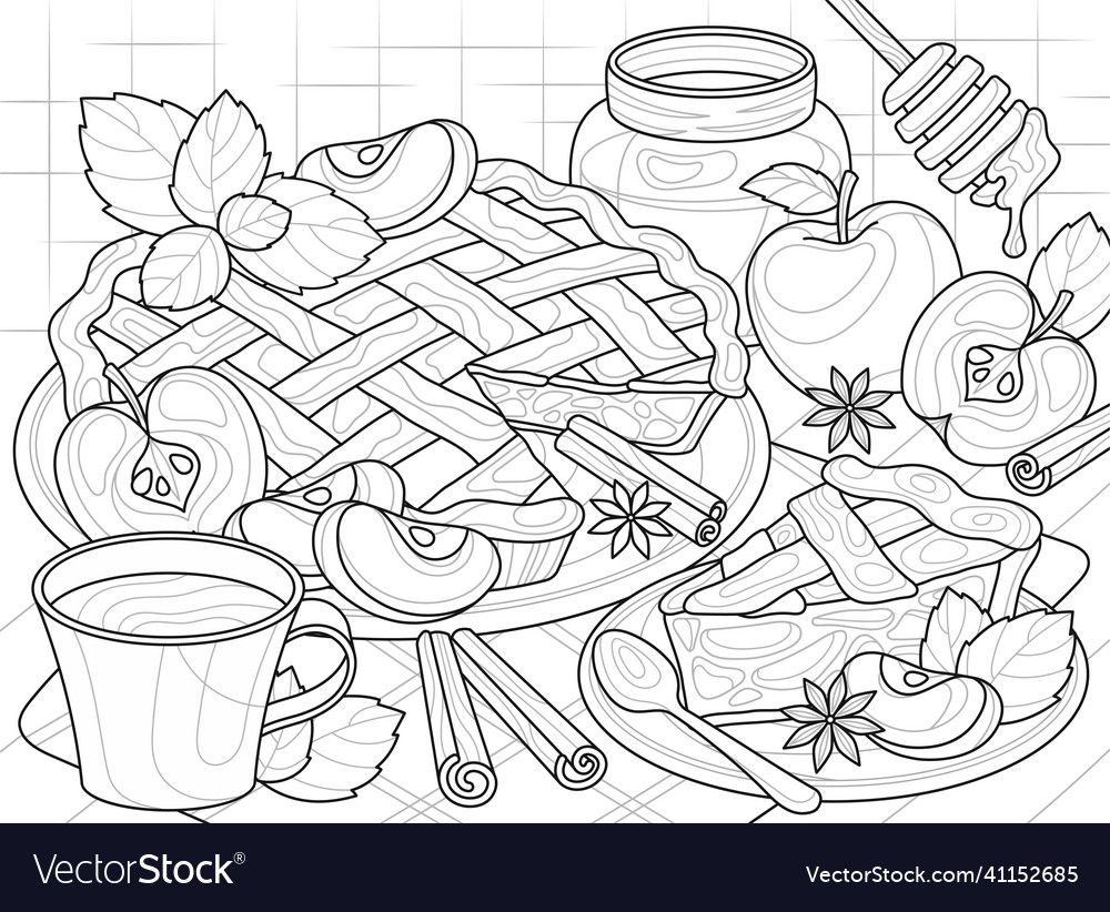 Coloring book with apple pie abstract concept vector image