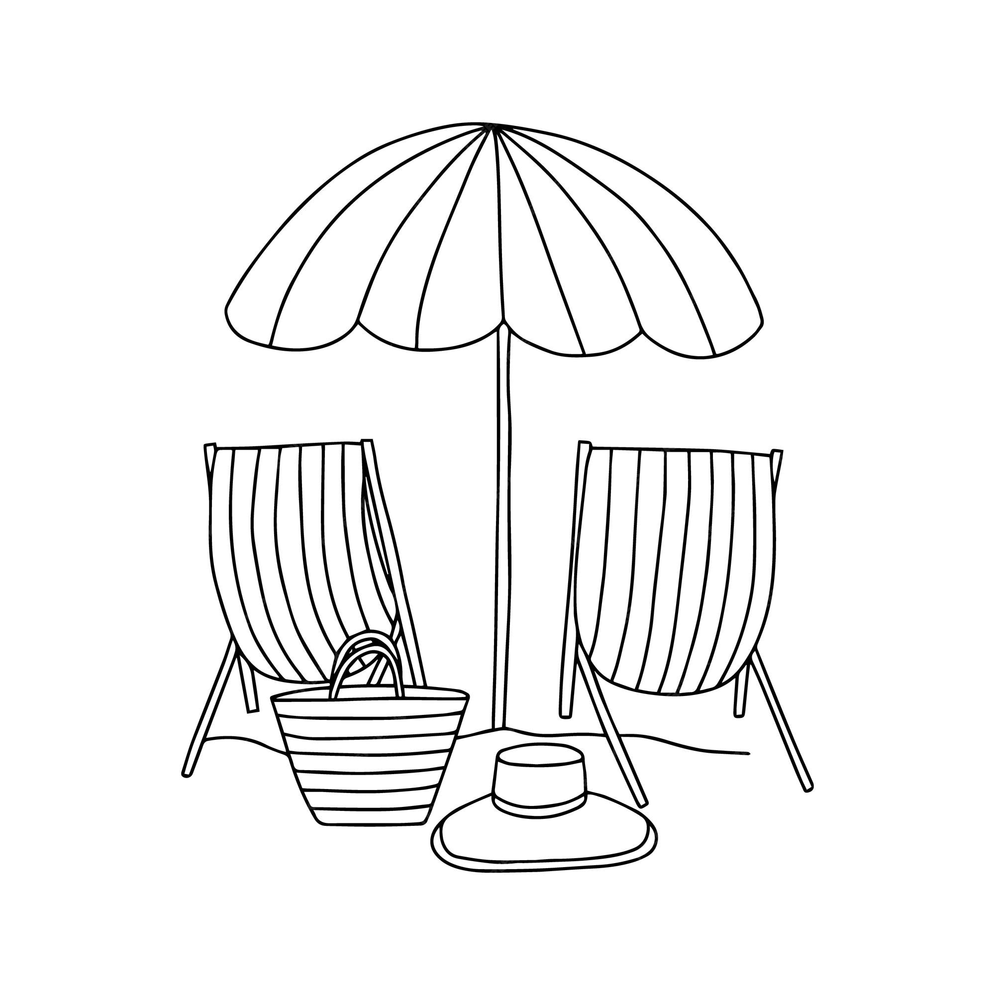 Premium vector hand drawn beach umbrella and beach chairs vector coloring page