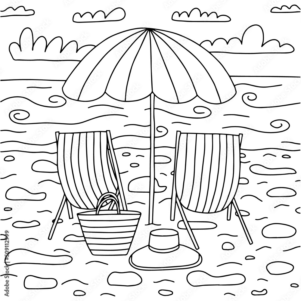 Summer sunny beach coloring page vector hand drawn coloring page with beach umbrella beach chairs vector