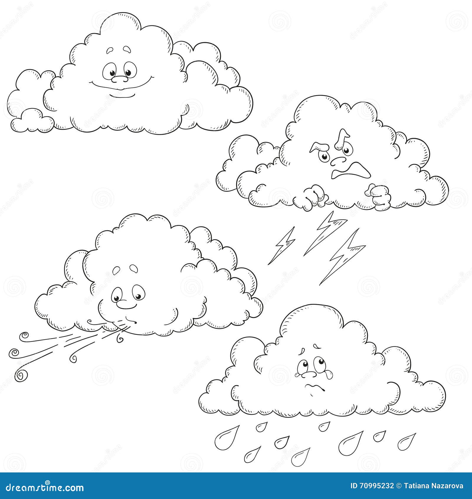 Set of cartoon clouds vector characters coloring book stock illustration