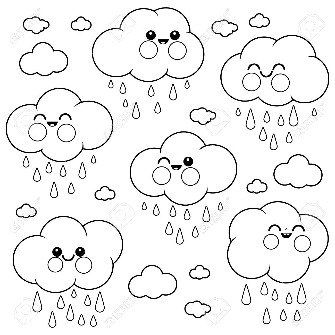 Cute raining cloud characters vector black and white coloring book page royalty free svg cliparts vectors and stock illustration image