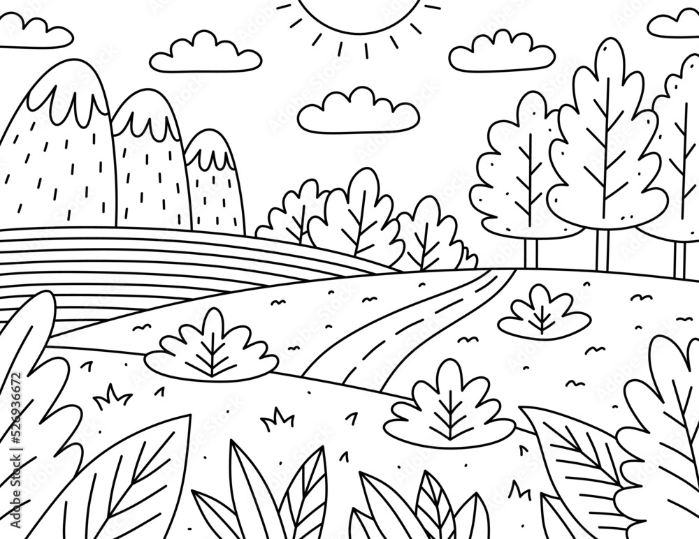 Cute kids coloring page landscape with clouds mountains field road and bushes vector hand
