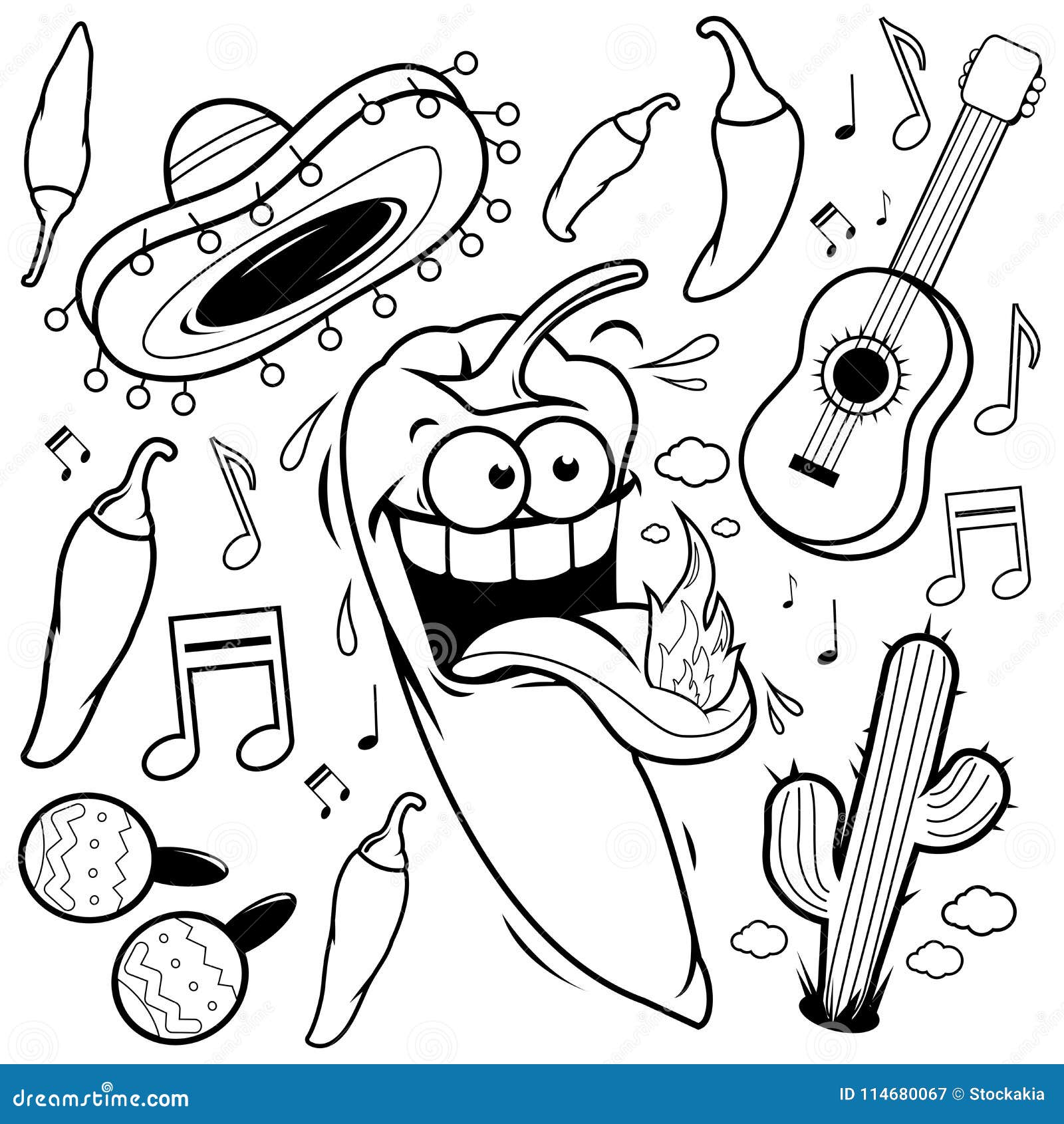 Mexican mariachi chili pepper collection vector black and white coloring page stock vector