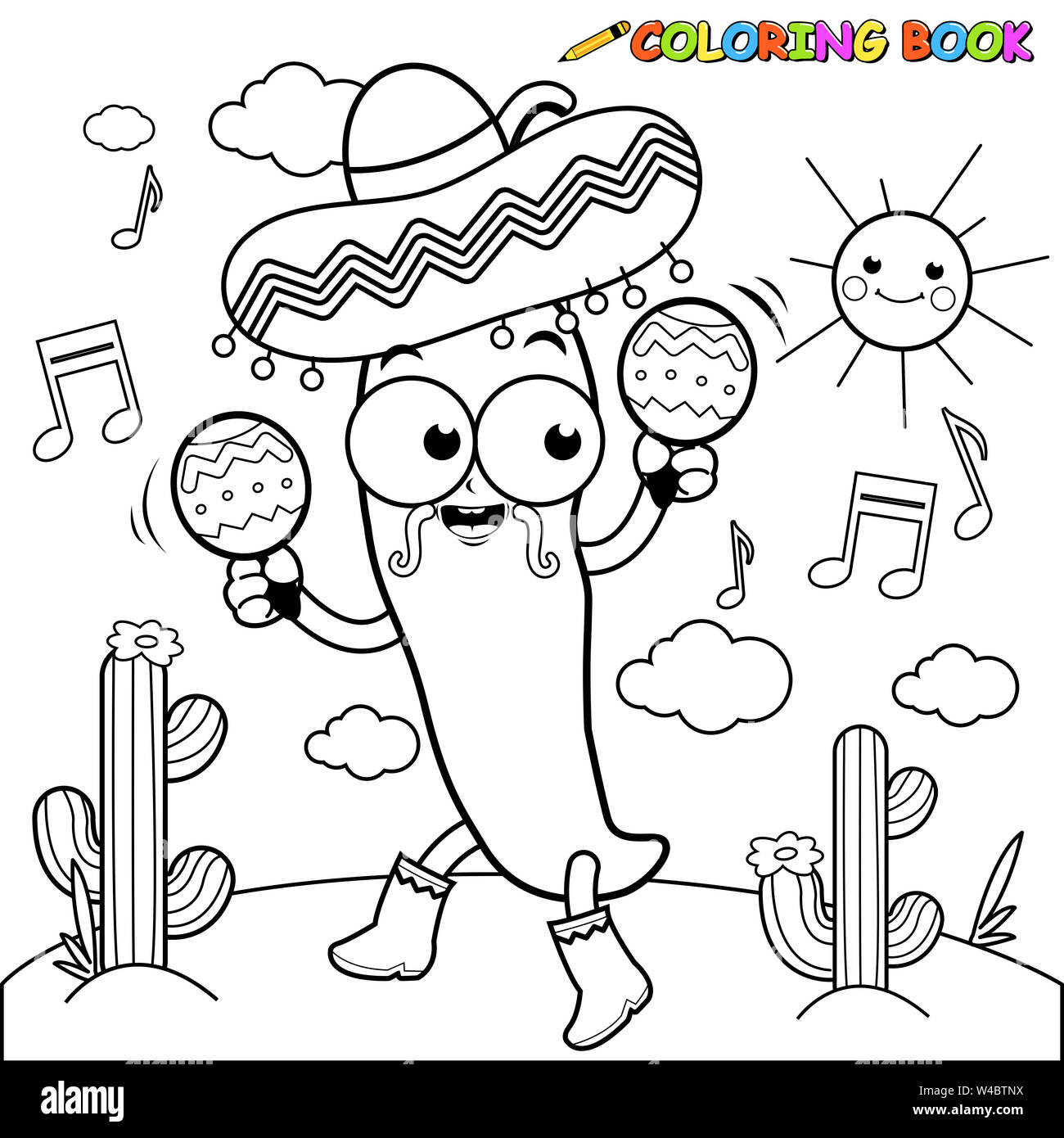 Black and white illustration of a mariachi chili pepper playing music with maracas and dancing in the mexican desert stock photo