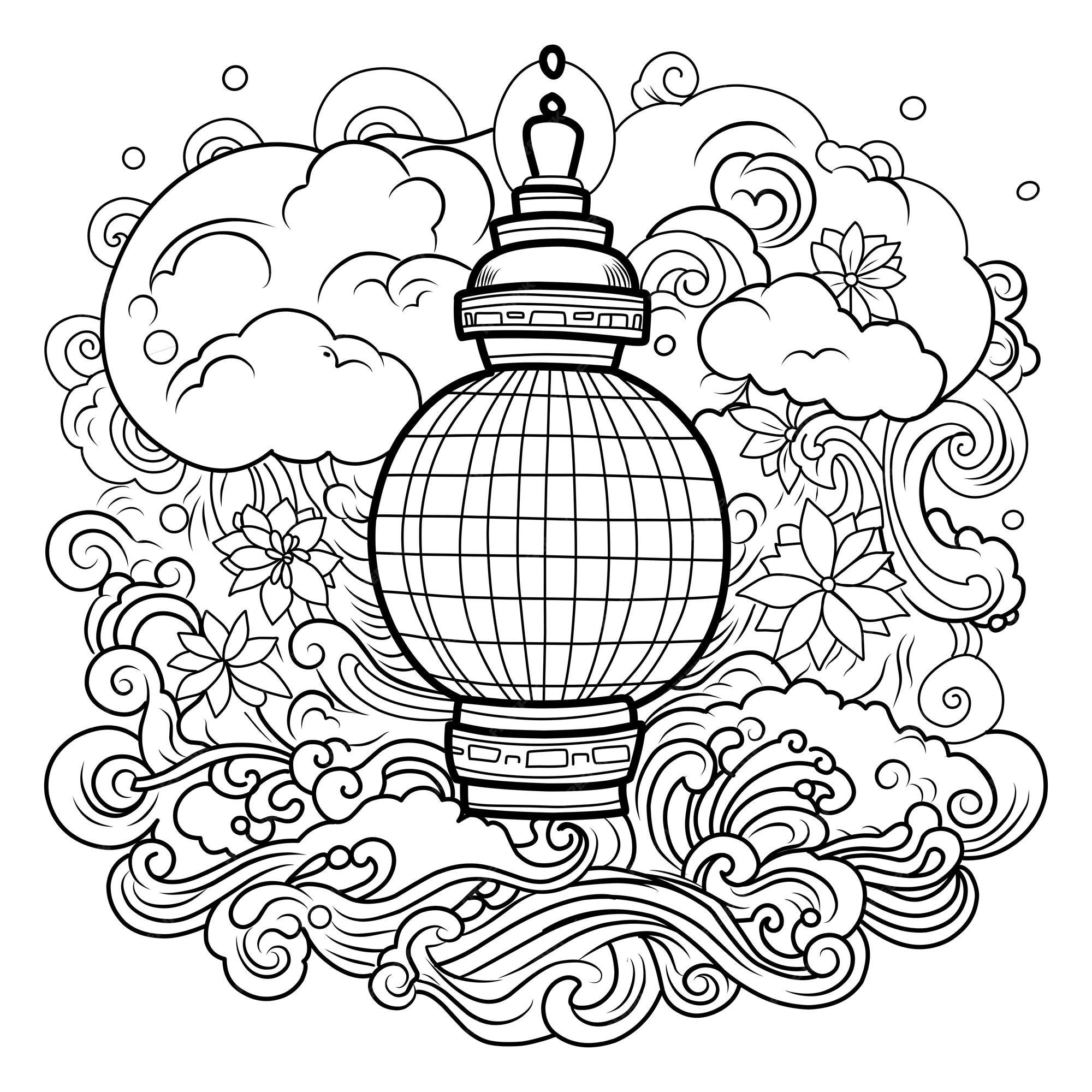 Premium vector toro nagashijapanese lantern festival coloring page coloring page of lanterns for the remembrance of the dead