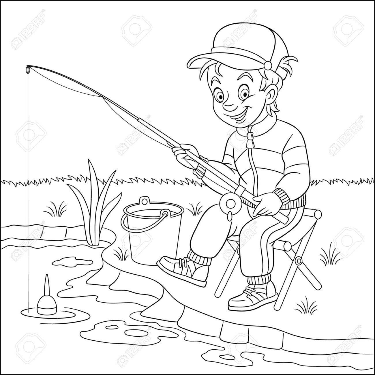 Coloring page coloring picture of cartoon boy fishing childish design for kids activity colouring book about people professions royalty free svg cliparts vectors and stock illustration image