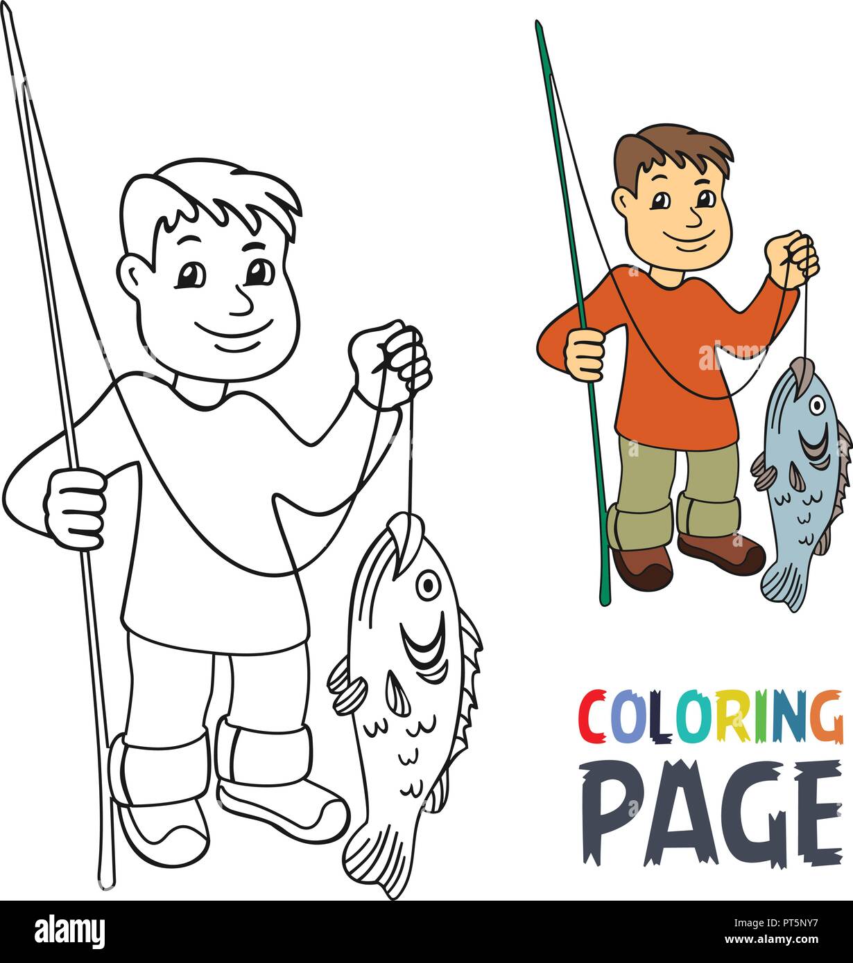Coloring page with people fishing cartoon stock vector image art