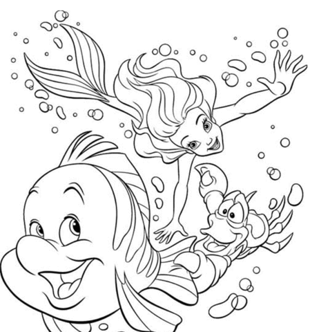 Ariel sebastian and flounder are swimming together coloring page free printable coloring pages