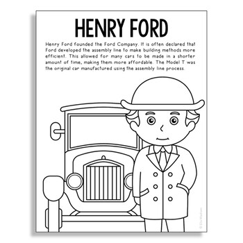 Henry ford inventor coloring page poster craft stem worksheet activity
