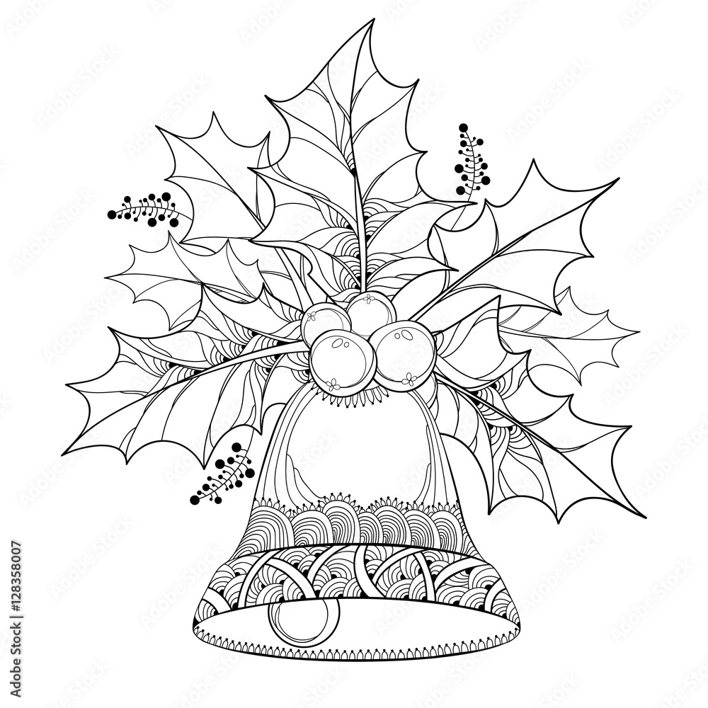 Vector branch with outline leaves and berries of ilex or holly berry and ornate bell isolated on white background traditional christmas symbol in contour style for winter design and coloring book