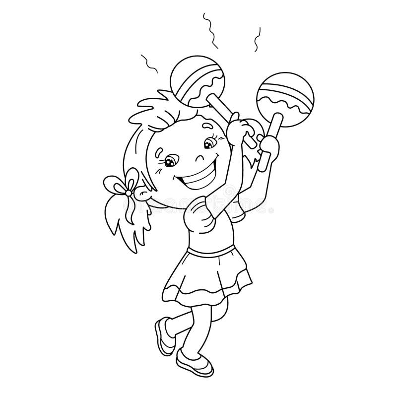 Coloring page outline of cartoon girl playing the maracas stock vector