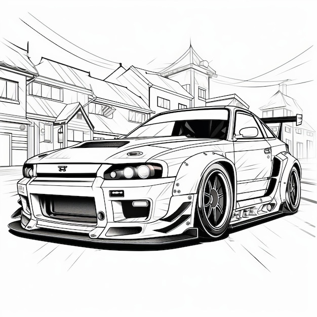 Premium ai image speeding into fun japanese race car coloring page in cartoon style with bold lines and minimal deta
