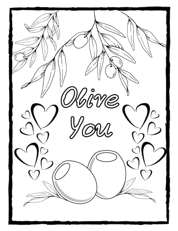 Olive you food pun coloring book page valentines