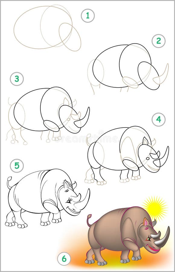 Page shows how to learn step by step to draw a rhinoceros stock vector