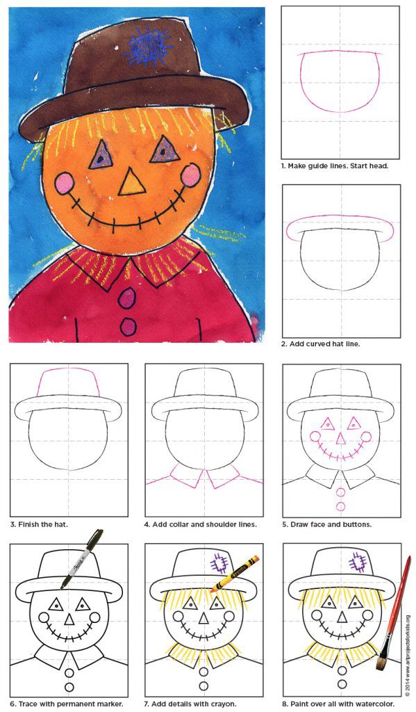 Easy how to draw a scarecrow face tutorial video and scarecrow coloring page halloween art projects kids art projects elementary art projects