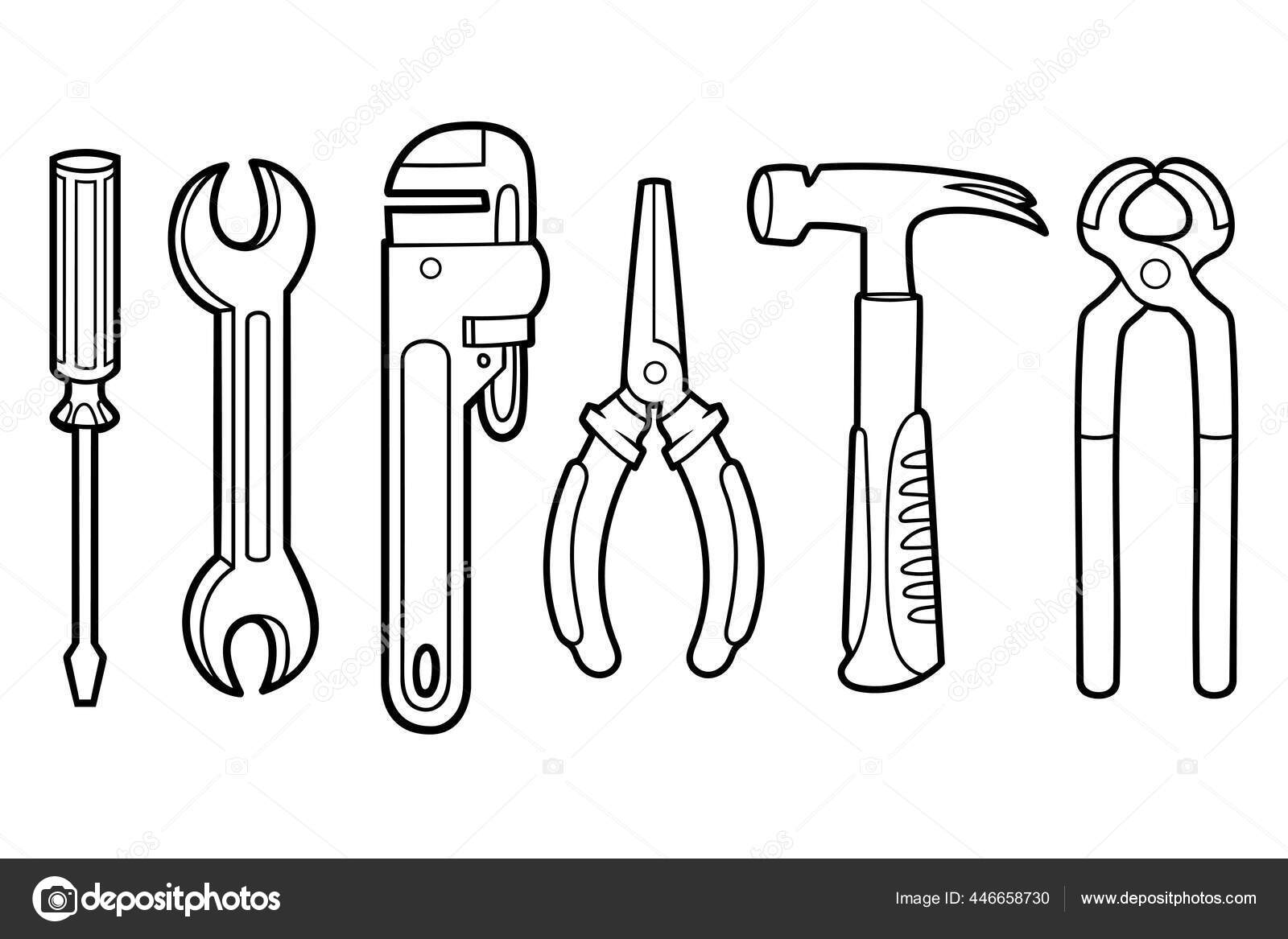 Coloring book children set instruments hammer wrench screwdriver pliers pincers stock vector by ksenyasavva