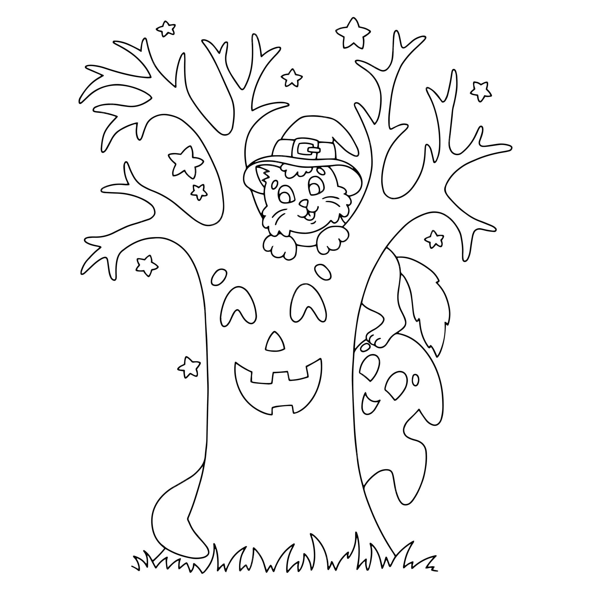 Premium vector magic tree and cat coloring book page for kids halloween theme