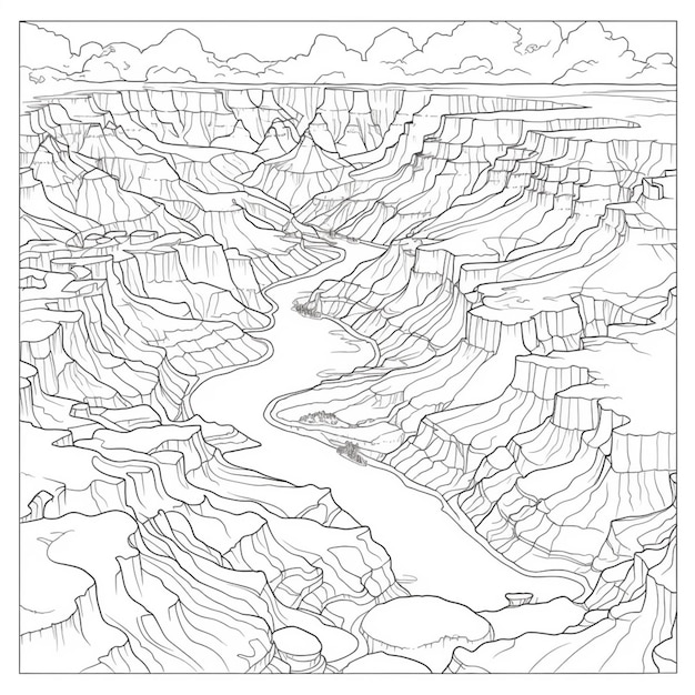 Premium ai image a coloring page of a grand canyon with a river running through it generative ai