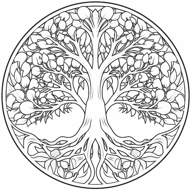 Premium ai image a coloring page with a tree of life in the middle generative ai